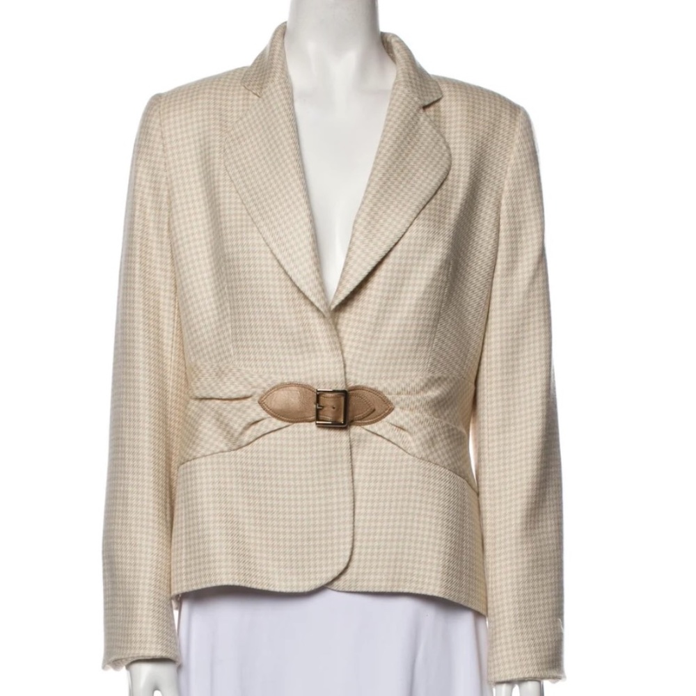 Escada Cream Houndstooth Belted Waist Blazer